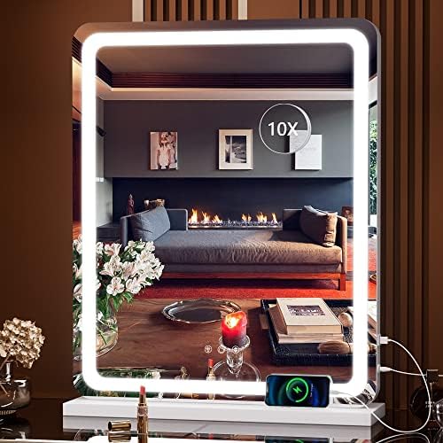 Hasipu Vanity Mirror with Lights, 18" x 22" LED Makeup Mirror, Lighted Makeup Mirror, Light up Mirror with 10X Magnification and USB Charging Port, Smart Touch 3 Colors Dimmable (White)