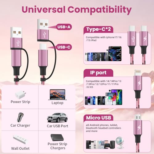 Image of Multi Charging Cable 5FT, 4 in 1 Charging Cables for Multiple Devices Pink