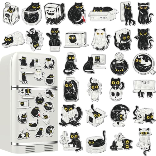 Xuhal 30 Pcs Halloween Diamond Art Magnets Black Cats Diamond Painting Kits