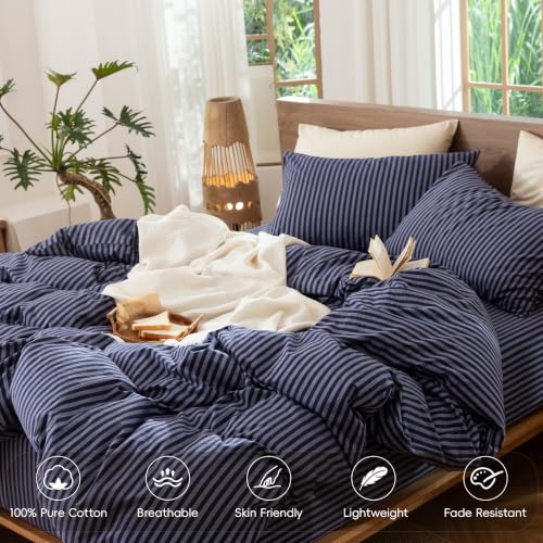 Image of MooMee Striped Duvet Cover Set 100% Washed Cotton Linen Like Queen | Relaxed Linen-like Texture. Soft, Breathable & Long-lasting Comfort. Lightweight. Hidden Zipper with 8 Interior Corner Ties