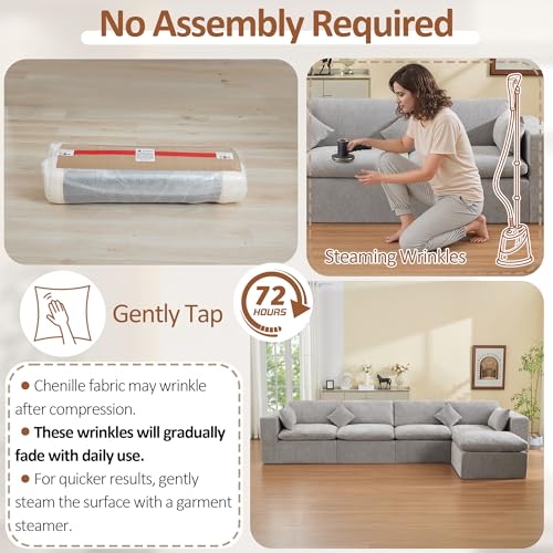 Image of 146''Cloud Boneless Sectional Couch, Modular Sectional Sofa Deep Seat with Ottoman, Oversized Upholstered Convertible Comfy 5 Seater Chenille Sofa L Shape Couches for Living Room, Light Grey