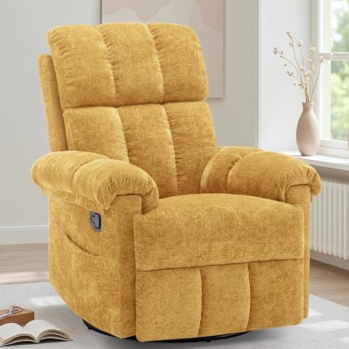 , Swivel Rocker Recliner Chair For Adults, Small Recliners For Small Spaces, Upholstered Manual Recliner With Side Pockets, Nursery Rocking Chair For Living Room, Chenille, Yellow