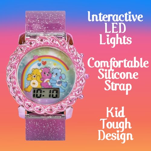 Care Bears Kids LCD Watch with Glitter Gradient Strap, Flashing Iridescent Bezel, Fun Digital Display, Ideal for Learning Time, Adjustable Strap, Pink and Green Design4