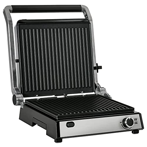 HOMCOM Kontaktgrill Elektrogrill für 4 Scheibe Sandwiches Toasts Steak Panini 2000W Tischgrill BBQ mit regelbarem Thermostat 180 Grad aufklappbar Aluminium Edelstahl Silber+Schwarz 36,6x35,7x16,2 cm