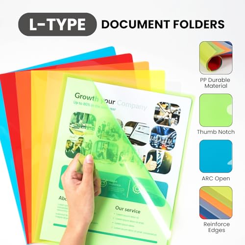 FLEXOFFICE 24 Pack Project Folders for Important Documents, Assorted 5 Translucent Colors, Heavyweight L-Shaped Poly Jacket Sleeves Folders Fit for US Letter Size