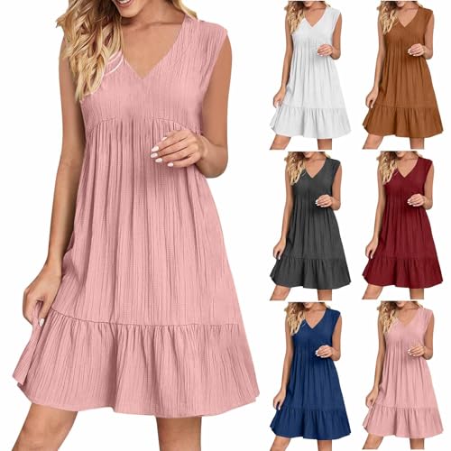 Damen Bohemian Ärmellos Kleid V-Ausschnitt Tunikakleider A Linien Lose Lässiges MiniKleid Freizeitkleid Damen Boho Leicht Sommerkleider Elegant Kurz...