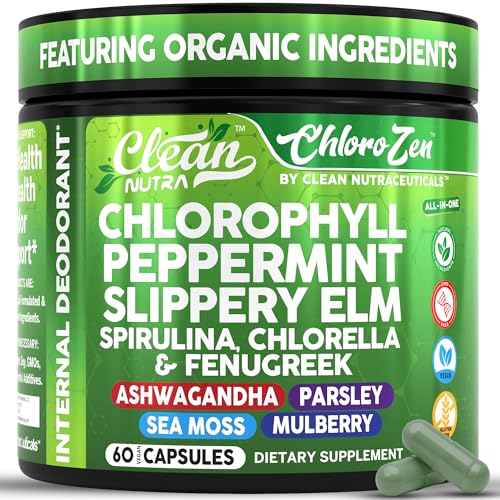 Clean Nutra Chlorophyll Capsules + Peppermint Slippery Elm Spirulina Chlorella Fenugreek Ashwagandha Sea Moss Supplement Ph Balance for Women Detox Internal Deodorant Supplement + Prebiotics 60 Ct