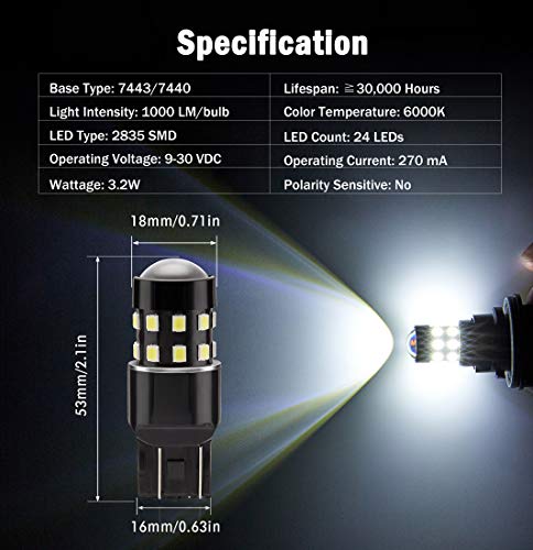 BRISHINE Super Bright 7443 7440 7444 7441 W21W T20 LED Bulbs Xenon White 24-SMD LED Chipsets with Projector for Backup Reverse Lights, Brake Tail Lights, Parking/Daytime Running Lights(Pack of 2)