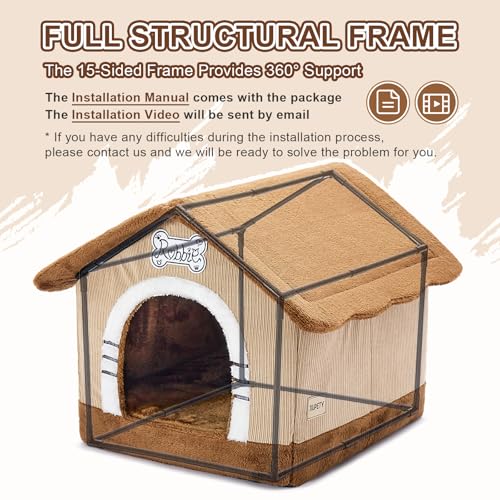 Jiupety Indoor Dog House with Frame, Large Dog Cave Bed, Insulated Cozy, Suitable for 15-30 lb, Large (20"×18"×18"), Brown - Image 4
