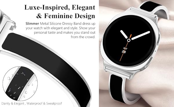 WINGLE Compatible for Samsung Galaxy Watch 9 8 Band Galaxy Watch 8 Classic 40mm 44mm 46mm Women Slim Luxury Jewelry Dressy Bracelet Designer Thin Elegant Bangle Galaxy Watch9 Metal Strap, Silver/Black by WINGLE - Used condition - Image 8