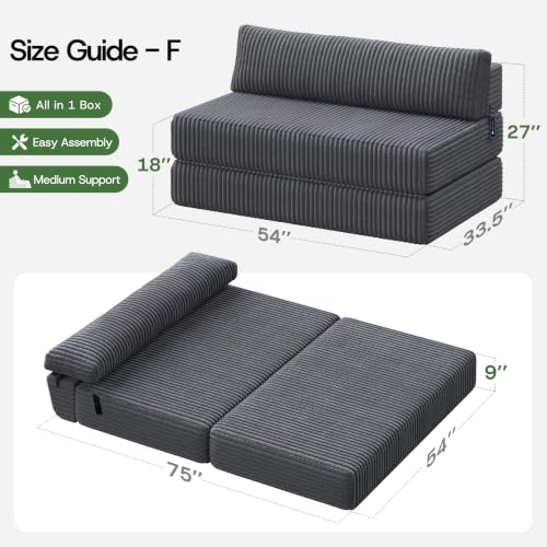 Image of Convertible 4-in-1 Folding Sofa Bed 54 inch Loveseat Boneless Sleeper Couch Foldable Chaise Lounger & Mattress Pocket Coils+Foam Medium Support, Portable No Assembly for Living Room /Bedroom, Full