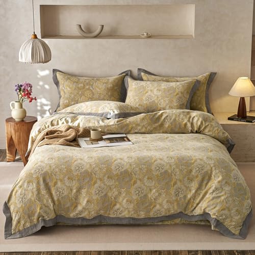 VM VOUGEMARKET Jacquard Floral Duvet Cover Set King,Yarn-Dyed Cotton Yellow Gold Flower Duvet Cover Bordered,Vintage Garden Style Bedding Set King