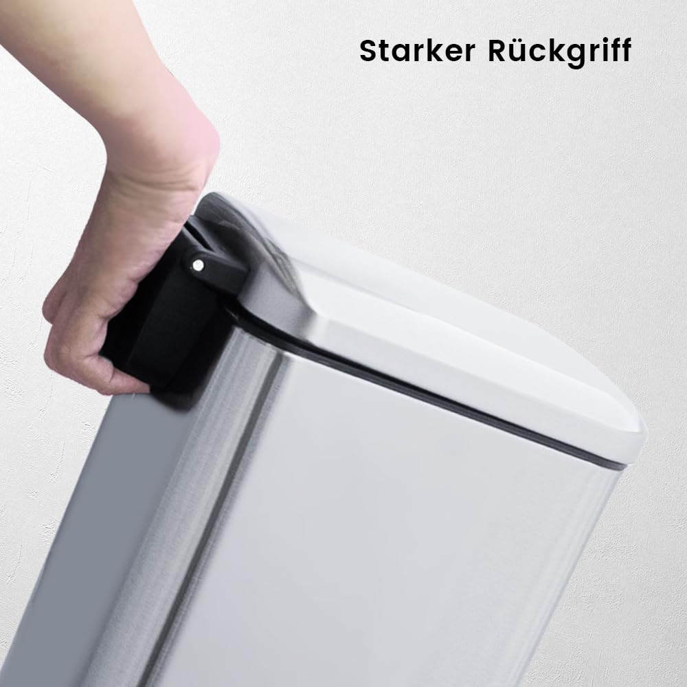 Mülleimer 30L, Abfalleimer mit Fußpedal, Inneneimer, Decke, Weiß | Mülleimer Küche, Quadrat, Stahl, Mülleimer Groß, Edelstah, Mit Metall-Pedal, Softclose Deckel, Für Küche, Büro, Wohnzimmer