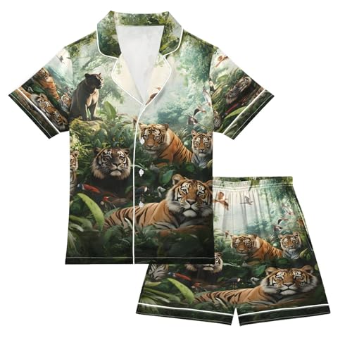 ALAZA Animal Bird Tiger Leopard Satin Pajamas Set Short Sleeve Button Down Sleepwear Summer Pjs 2 Piece