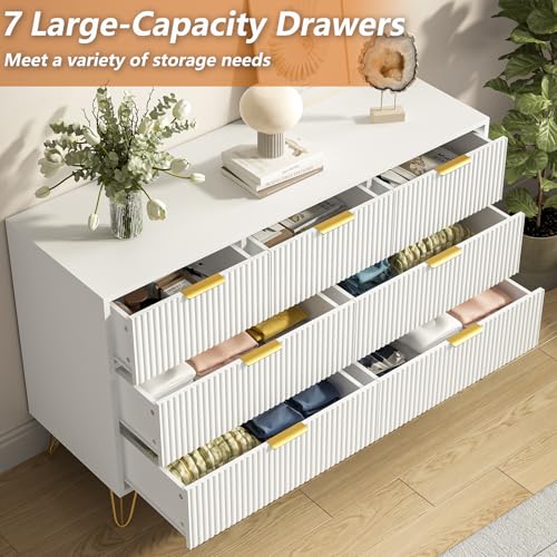 LYNSOM Dresser for Bedroom, Modern 7 Drawer White Dresser with Metal Handles and Wide Drawer, Wood Chest of Drawers for Living Room