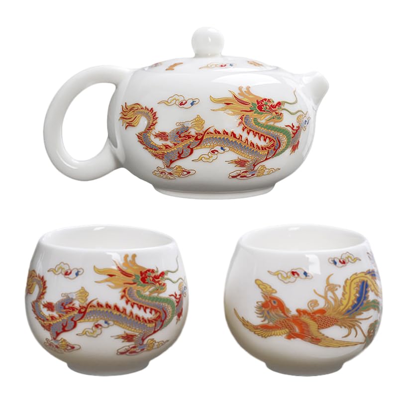Hormsdar Hand-made Dragon and Phoenix Color-changing White Porcelain Teapot FunnyTea Set Kung Fu Tea Pot Tea Lover‘s Gift (Teapot + 2*Cups)