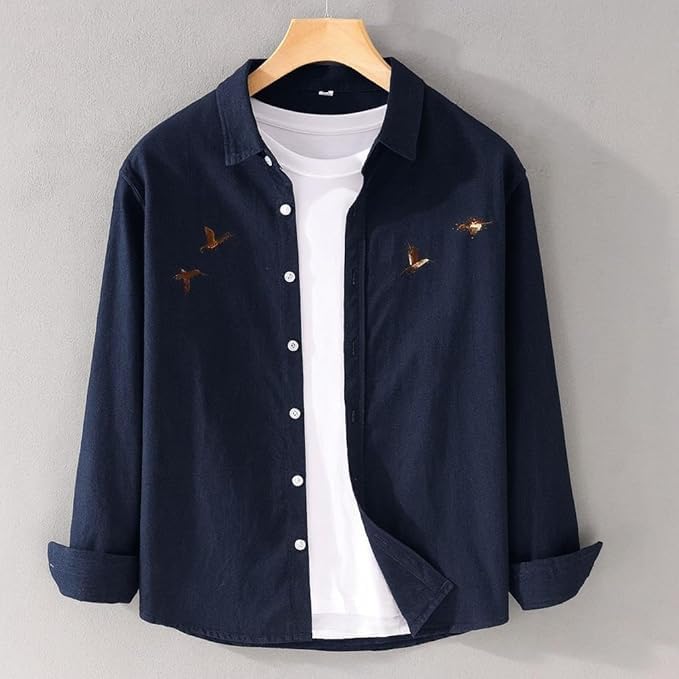 Image of Men's Cotton Blend Casual Wear with Bird Embroidery | Regular Fit Full Sleeve Button Down | Lightweight Summer Style for Daily, Office & Party