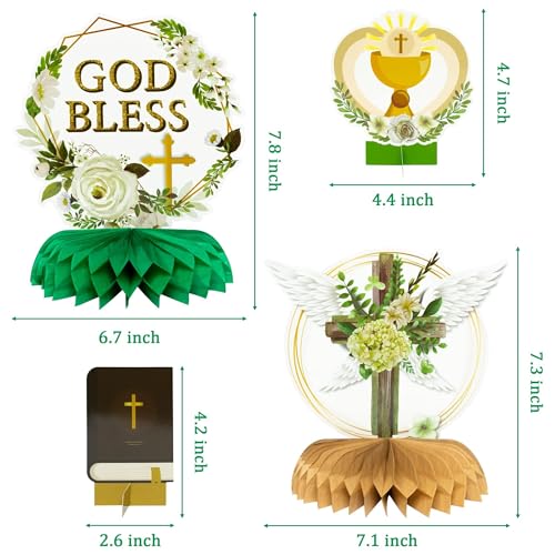 Image of ANGOLIO God Bless Honeycomb Centerpieces, 12PCS Baptism Table decorations | Green Cross Floral Church Anniversary Decorations, Baby Shower Birthday Party Supplies, Christian Celebrations Party Favors