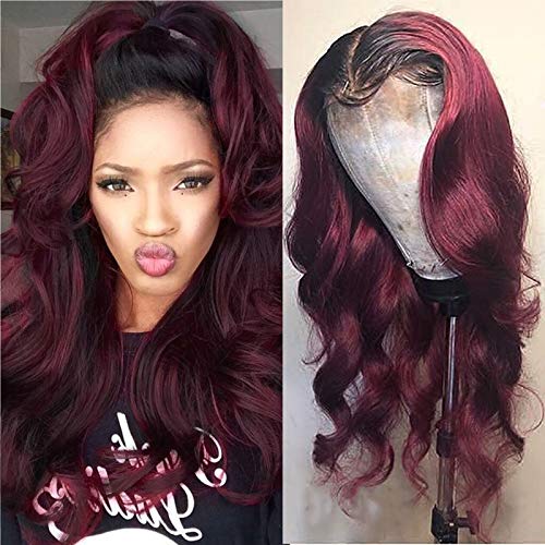 Burgundy Wig Human Hair Ombre Body Wave Closure Wig Pre Plucked With Baby Hair 1B/99J Ombre Color Lace Front Wig Human Hair 4X4 Free Part Bleached Knots Real Brazilian Virgin Hair Grade 9A 22 Inch