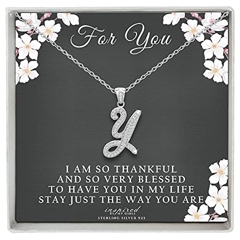 Sterling Silver Initial Necklace CZ Cursive Script Letter Adjustable Chain Friendship Keepsake Card Gift For Her - Y - Dark Cover