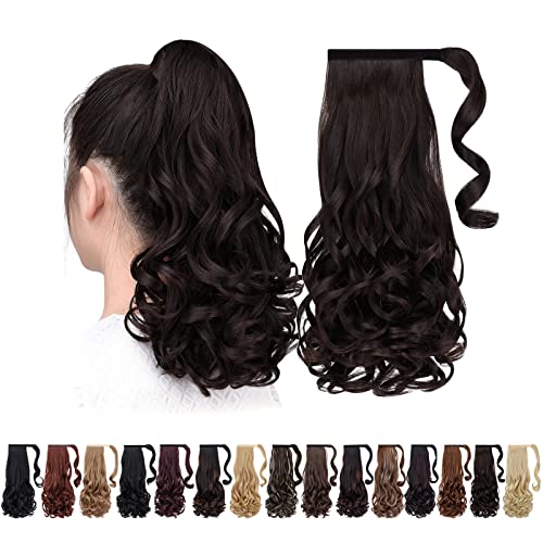 HSPCYGG Extensões de cabelo de rabo de cavalo, cabelo castanho escuro mais escuro cacheado 40,64 cm,