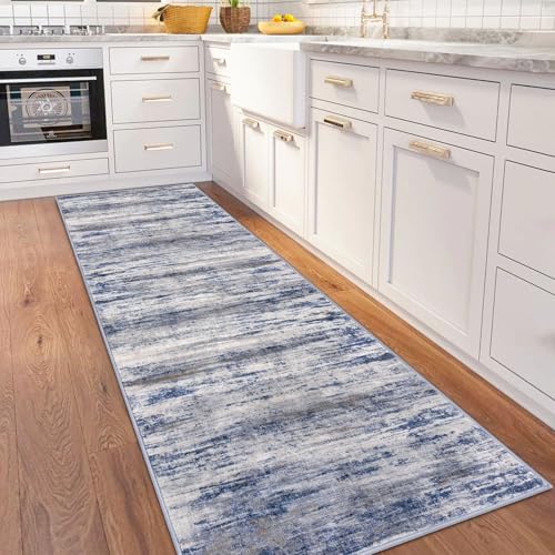 KOZYFLY 3x8 Area Rug Modern Ombre Area Rug for Bedroom, Washable Rug Non-Slip Soft Striped Living Room Rug, Print Distressed Grey-Blue Abstract Carpet for Laundry Nursery