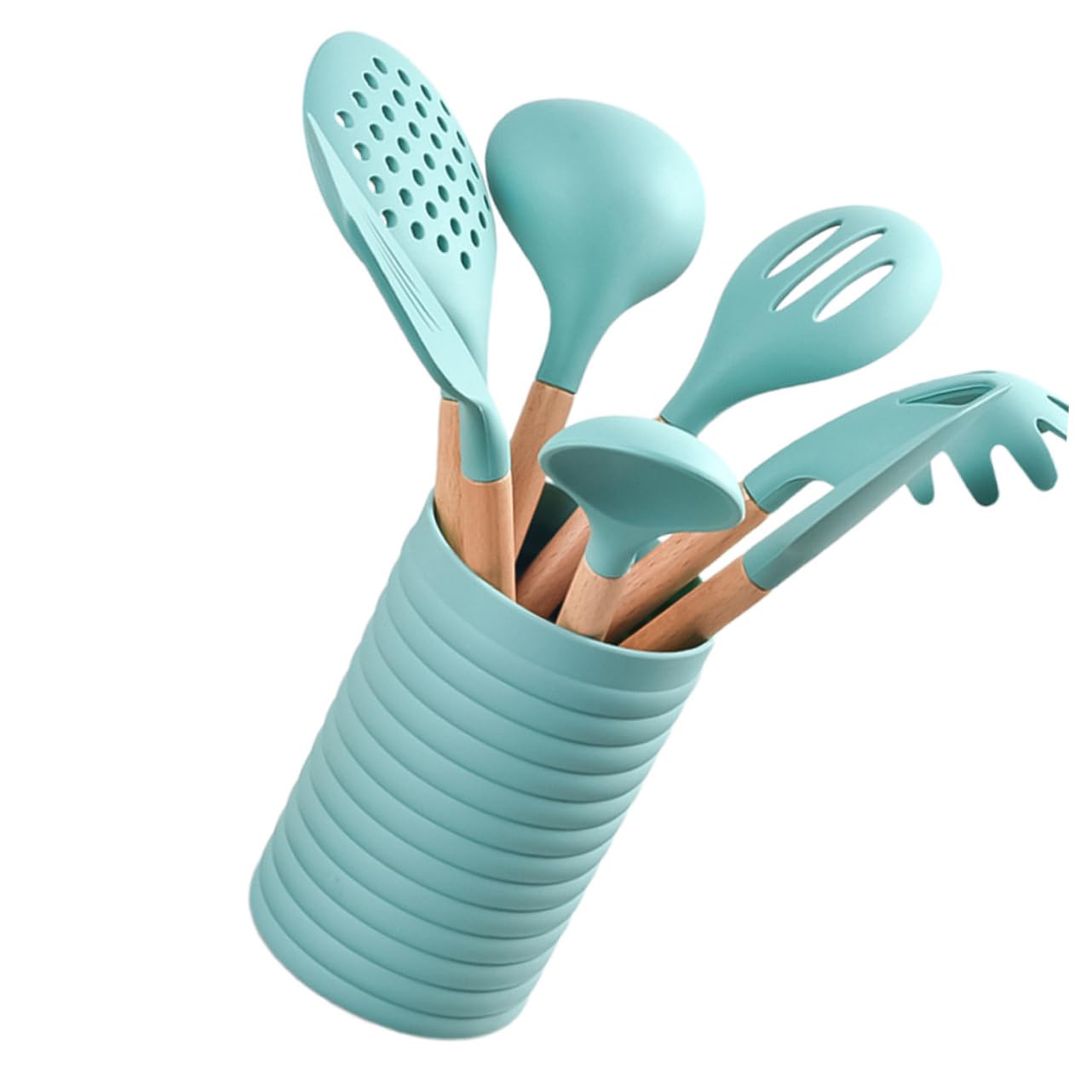 VALICLUD Ustensiles de Cuisine avec Boîte de Rangement Incluse Poignées Bois Confortables et Antiadhésifs