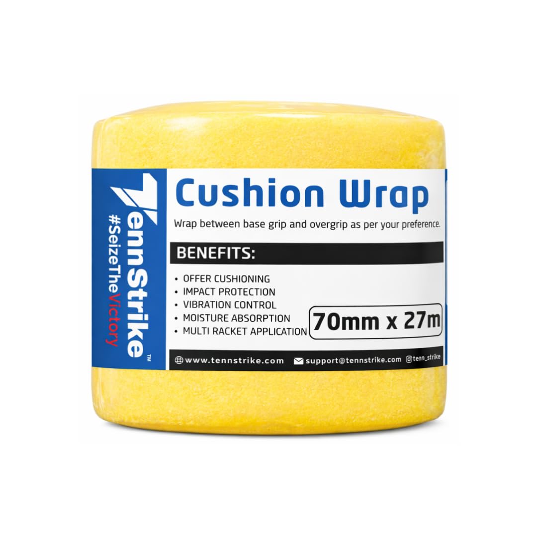 Cushion Wrap for Badminton, Tennis & Pickleball Rackets | Shock & Vibration Control | Moisture Absorbing Cushion | 70 mm x 27 Meter Roll | Pro Player Use | Yellow Color