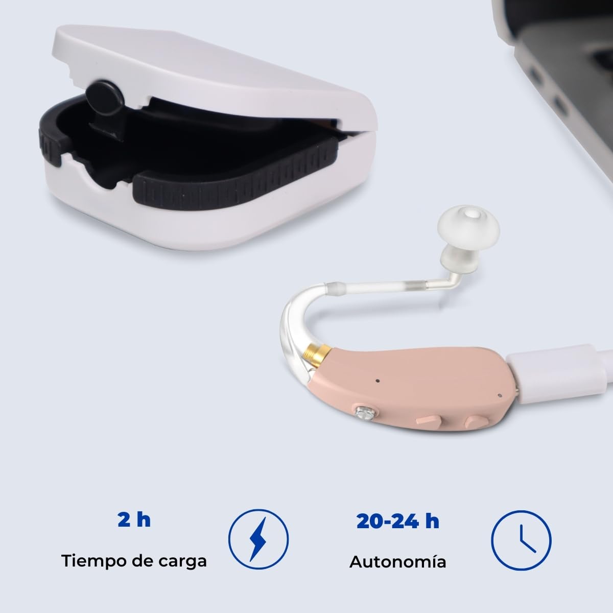 Mobiclinic®, Amplificador auditivo, Ear plus 1, Recargable, 5 niveles de volumen, Giro 360º para ambos oídos, 3 modos reducción ruido, Ligero y portátil, Incluye tapones recambios