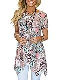 MIROL Womens Summer Short Sleeve Floral Print Irregular Hem Asymmetrical Loose Fit Tunic Tops, Pink, X-Large