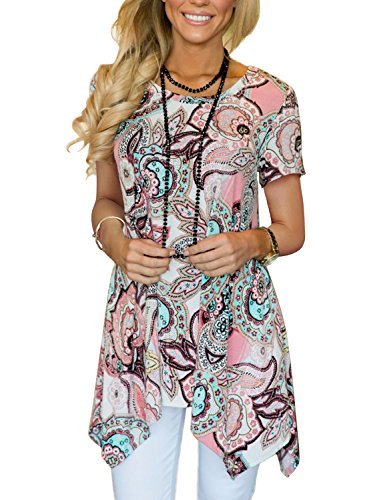 MIROL Womens Summer Short Sleeve Floral Print Irregular Hem Asymmetrical Loose Fit Tunic Tops, Pink, X-Large