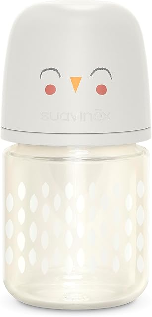 Suavinex Bonhomia Bouteille de bébé en verre avec SX PRO Mamelon en silicone, Bouteilles pour bébés anti-coliques, Biberons pour bébés allaités, Flux lent, 0mo, 4oz, Béige