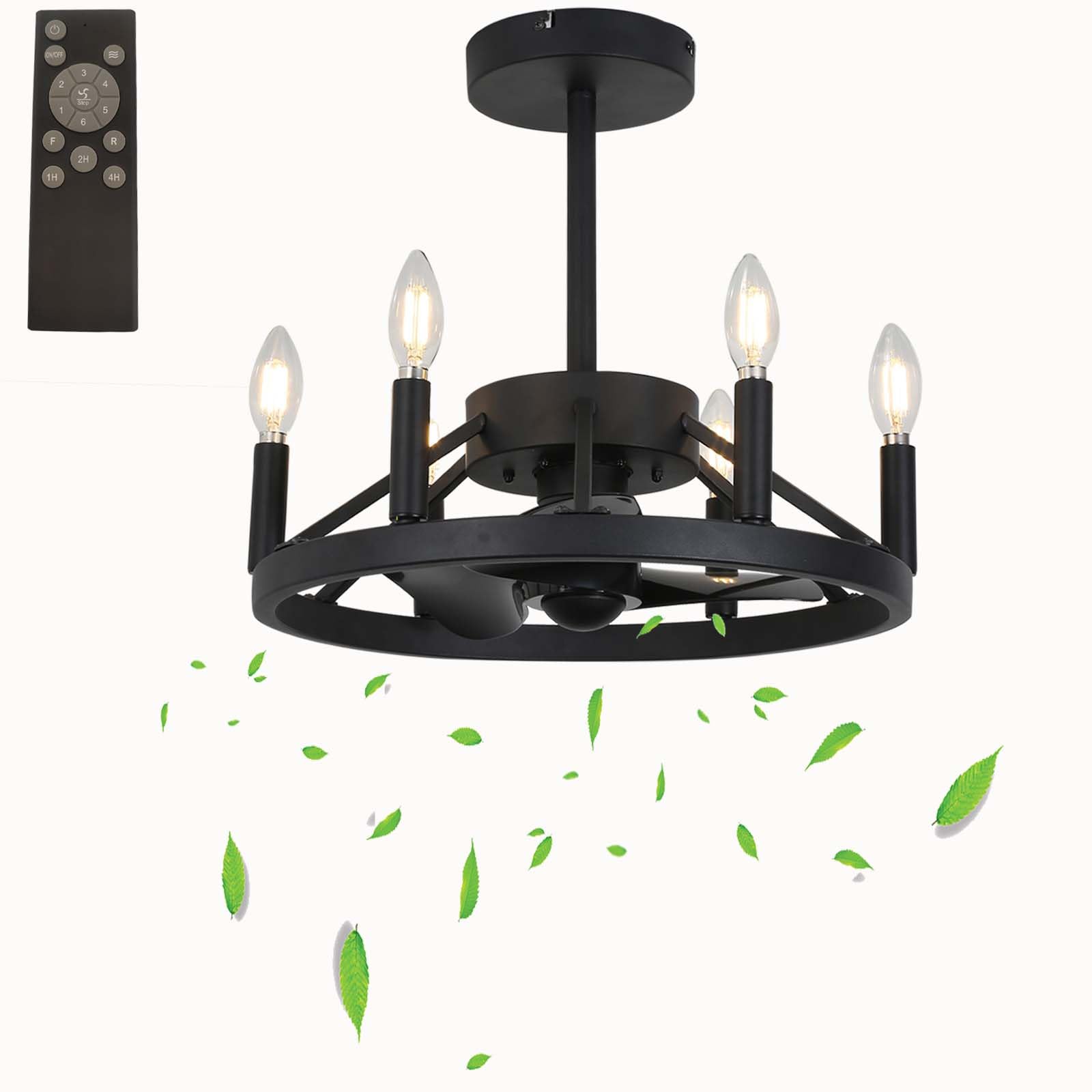 Ventilador de Techo Retro Negro con luz, 43 cm, Bombilla E12, Motor DC silencioso, diseño Reversible, Control Remoto, 6 velocidades, Cocina y Dormitorio, función de t