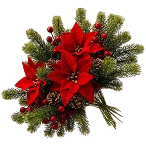 Lot de 5 fleurs de poinsettia artificielles pour extérieur, jardin, porche, terrasse, décoration d'hiver, fleurs artificielles de Noël avec branches de pin et baies