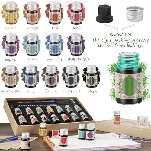 YICMY Calligraphy Pens, Dip Pen Set with 14 Color Inks, Glass Writing Instrument for Beginners