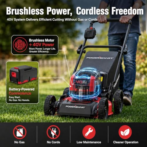 Image of PowerSmart 40V Brushless Cordless 17 inch 3-in-1 Push Lawn Mower & Leaf Blower Combo, 6-Position Height Adjustment & 11.8 Gal Bag, 115 MPH 465 CFM 2 Mode Blower, Battery Powered Yard Tools Set