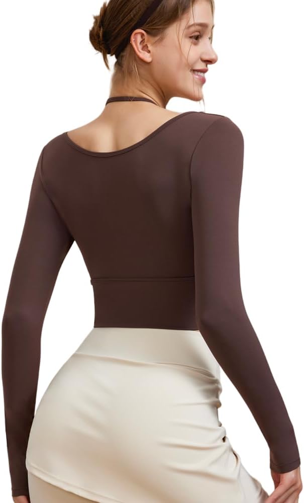 Harssidanzar Women's Yoga Workout Tops 2 in 1 Sports Bra for Gym Athletic Casual Long Sleeve CL312US - Image 4