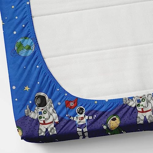 Image of Elastic Fitted Single Bed Bedsheet for Kids | Glace Cotton Bedsheet with 1 Pillow Cover - 200TC Astronote Cartoon Print for Children, 72x48x Upto 6 Inches (Blue)