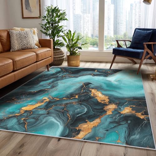 Tapete decorativo moderno 7x10 pies teal y dorado miniatura 3