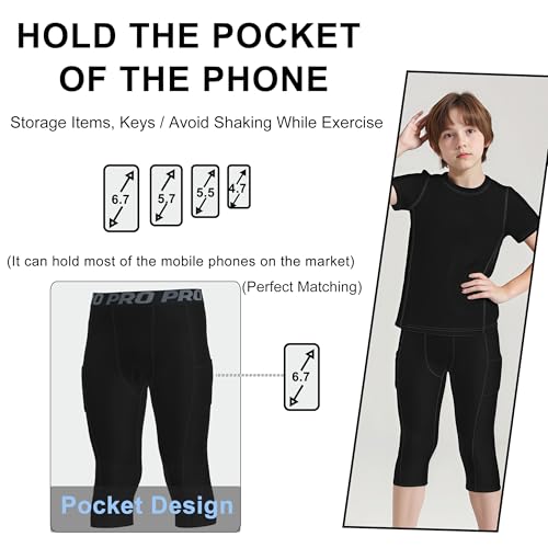 YUSHOW Boys Compression Pants 3/4 Length with Pocket Quick Dry Basketball Tights Boys Leggings for Athletic Running Sports3