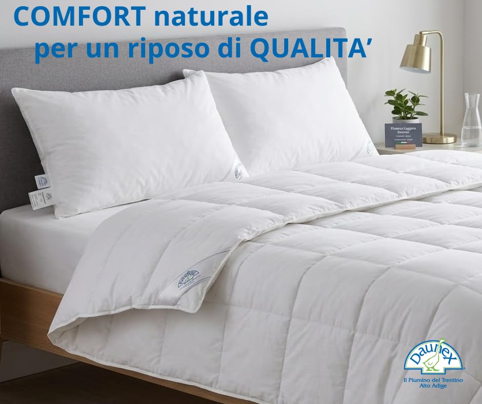 Piumino d’Oca DAUNEX Trentino Piazza Mezza 100% Piuma D'Oca Naturale Traspirante e Soffice Piumone ESTIVO Imbottitura 110 gr/mq Made in Italy Misura 200x200 cm Mod. MONTE BIANCO LIGHT