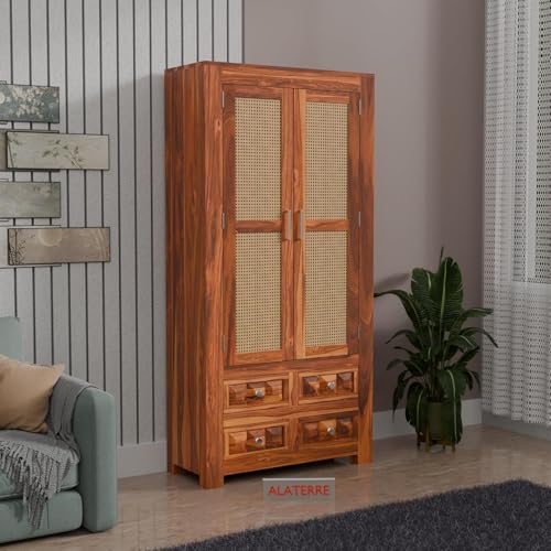 Image of Wooden Storage Cabinet with Cane Doors & Drawers | Tall Solid Wood Wardrobe Cabinet with 2 Doors & 4 Drawers (Honey Finish)