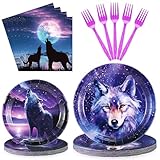 SiliFine 122 Pcs Wolf Party Supplies: 48 Paper Plates (24x7', '9 inches), 50 Napkins, 24 Plastic Forks; Blue, Animal Print; Perfect for 24 Guests; All Occasions