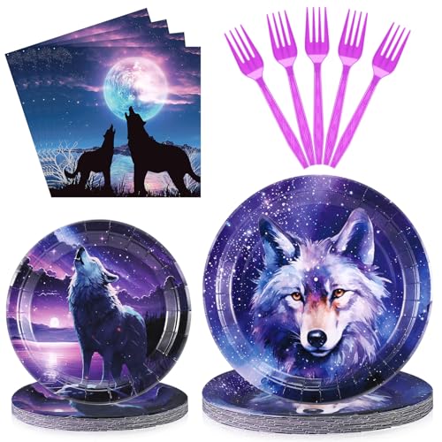 SiliFine 122 Pcs Wolf Party Decoration Supplies Wolf Paper Plates Napkins Forks Serves 24 Guests Birthday Party Disposable Tableware Set for Themed Events