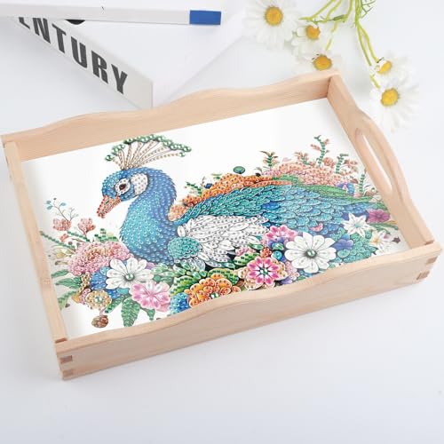 Image of AiYuanzsh 5D Diamond Art Tray with Handle for Adults DIY Diamond Art Plate Kits Peacock Picture Diamond Art Painting Dinner Plate for Coffee Living Room Home Organizer Parties Family Gatherings