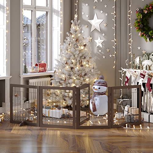 Vantas Folding Pet Gate 96" Wide, 30" Tall No-Assembly Wooden Dog Gate With Door Walk Through, Freestanding Wire Pet Gate, Pet Puppy Safety Fence, With 2Pcs Support – Espresso #TOP2