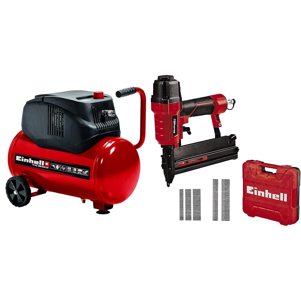 Einhell Tc-Ac 200/24/8 Compressore D'Aria 220-240 V, 50 Hz, 1200 W, 24 Litri & Tc-Pn 50 Graffettatrice Pneumatica, Pressione 8.3 Bar, Rosso Nero, 25.6 x 5.5 x 26 Cm