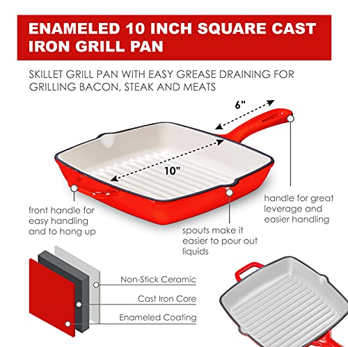 Bruntmor 10 Inch Square Cast Iron Grill Pan Skillet Grill Pan With Easy Grease Draining For Grilling Bacon, Steak, And Meats, Stove, Fire And Oven Safe For Camping Or Barbecue (Red) #TOP1