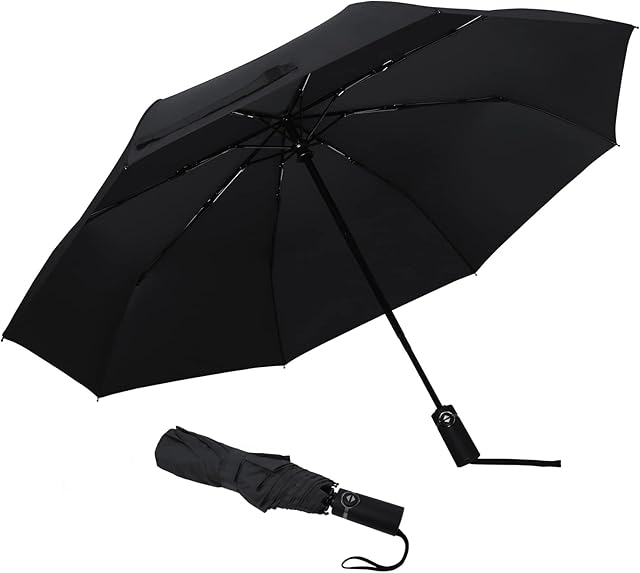 Amazon Brand - Eono Folding Umbrella Compact Travel Umbrella Strong Durable Rain Umbrella Portable Umbrella with Teflon Coating - Reinforced Canopy, Ergonomic Handle, Auto Open/Close - Black