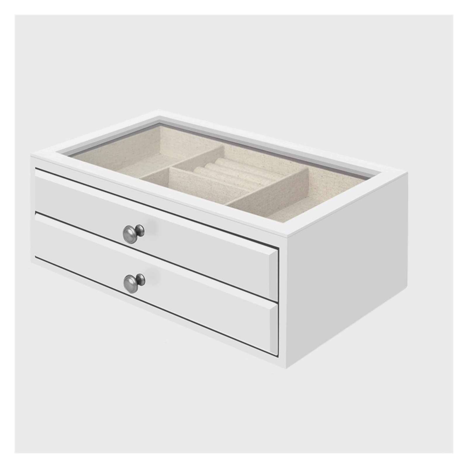 HDBCYUAZ Jewelry Boxes Organizer Vintage Case with 2 Drawers and Transparent Glass Lid, Wooden For Necklaces, Earrings, Watches(Wit)